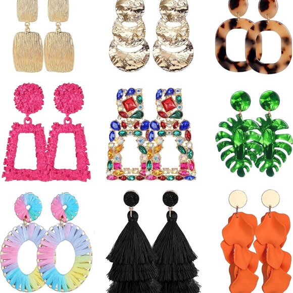 Women Clip On Earrings 9 Pairs Bohemian Acrylic Rattan Tassel Drop Lightweight - Picture 1 of 6